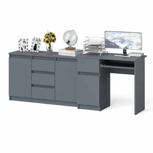 Комод-тумба СВК Мори МК1200 3 ящика и две дверки со столом компьютерным левым цвет графит, 210,4х50х76,6 см.