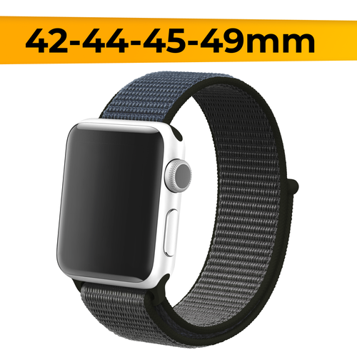 Нейлоновый ремешок для смарт часов Apple Watch 42-44-45-49mm / Эластичный браслет для Эпл Вотч 1-9 и SE / Сменный тканевый ремешок / Черно-белый