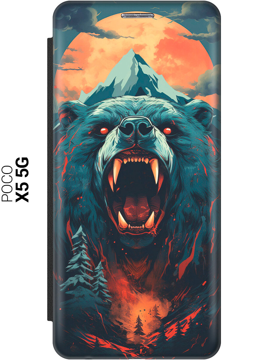 Чехол-книжка на Xiaomi Poco X5 5G / Сяоми Поко Х5 5Г с рисунком "Гризли при красной луне" черный