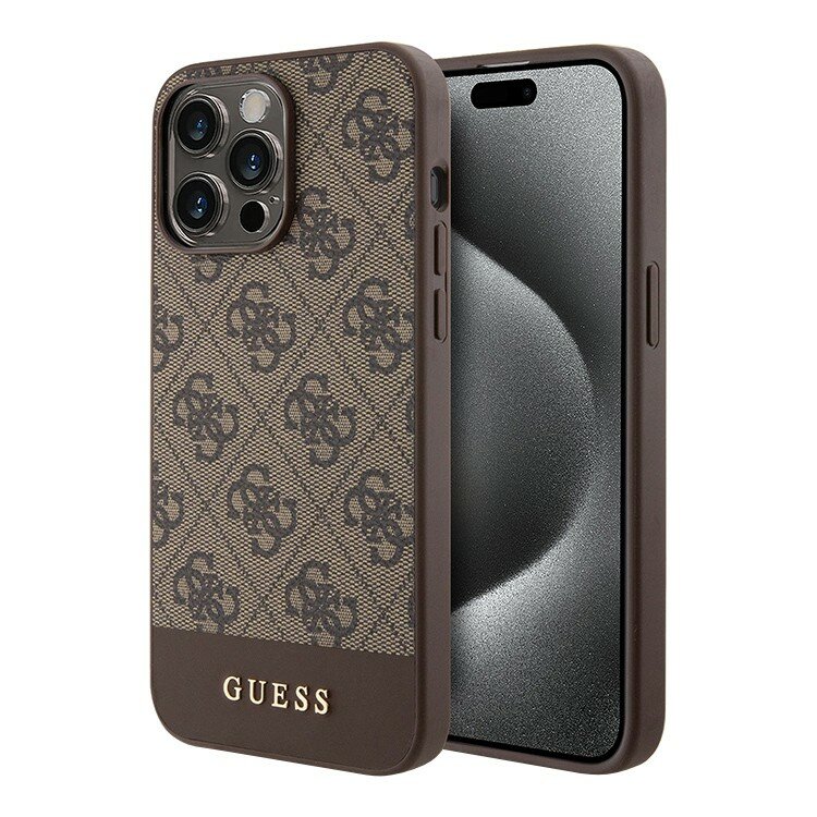 Guess для iPhone 15 Pro чехол из кожи PU с узором 4G Bottom stripe Metal logo, коричневый