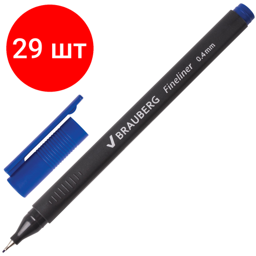 Комплект 29 шт, Ручка капиллярная (линер) BRAUBERG Carbon, синяя, металлический наконечник, трехгранная, линия письма 0.4 мм, 141522
