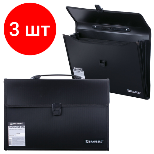 сумка портфель 17 3 brauberg office black 270826 Комплект 3 шт, Папка-портфель пластиковая BRAUBERG А4+ (390х260х40 мм), 3 отделения, фактура линейная, черная, 221389