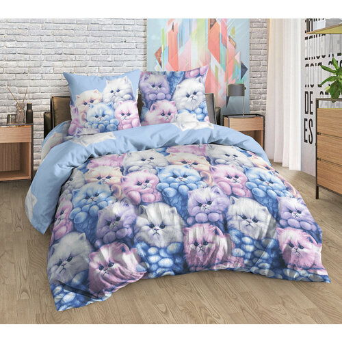 Комплект постельного белья Бязь Элис Текстиль Пушистые котики милашки люкс, хлопок серый, розовый, голубой