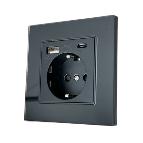 Электрическая розетка одинарная, 1 Gang Socket с портами 1 USB / 1 Type-C - Чёрный