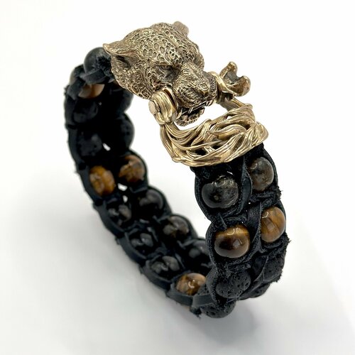 фото Славянский оберег, жесткий браслет josstone, вулканическая лава, тигровый глаз, кожа, 1 шт., размер 19 см, черный, коричневый