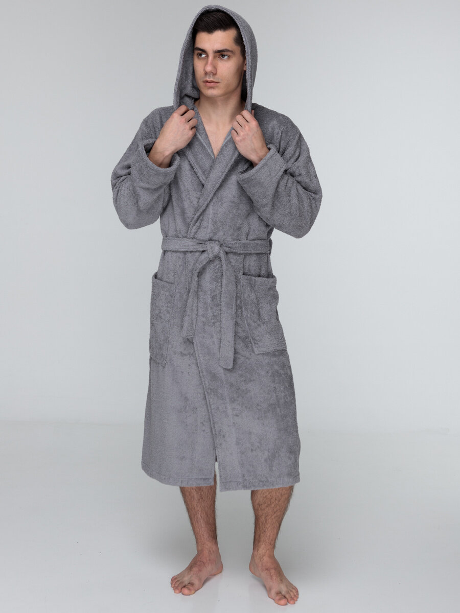 Мужской серый махровый халат с капюшоном 44 - фотография № 3