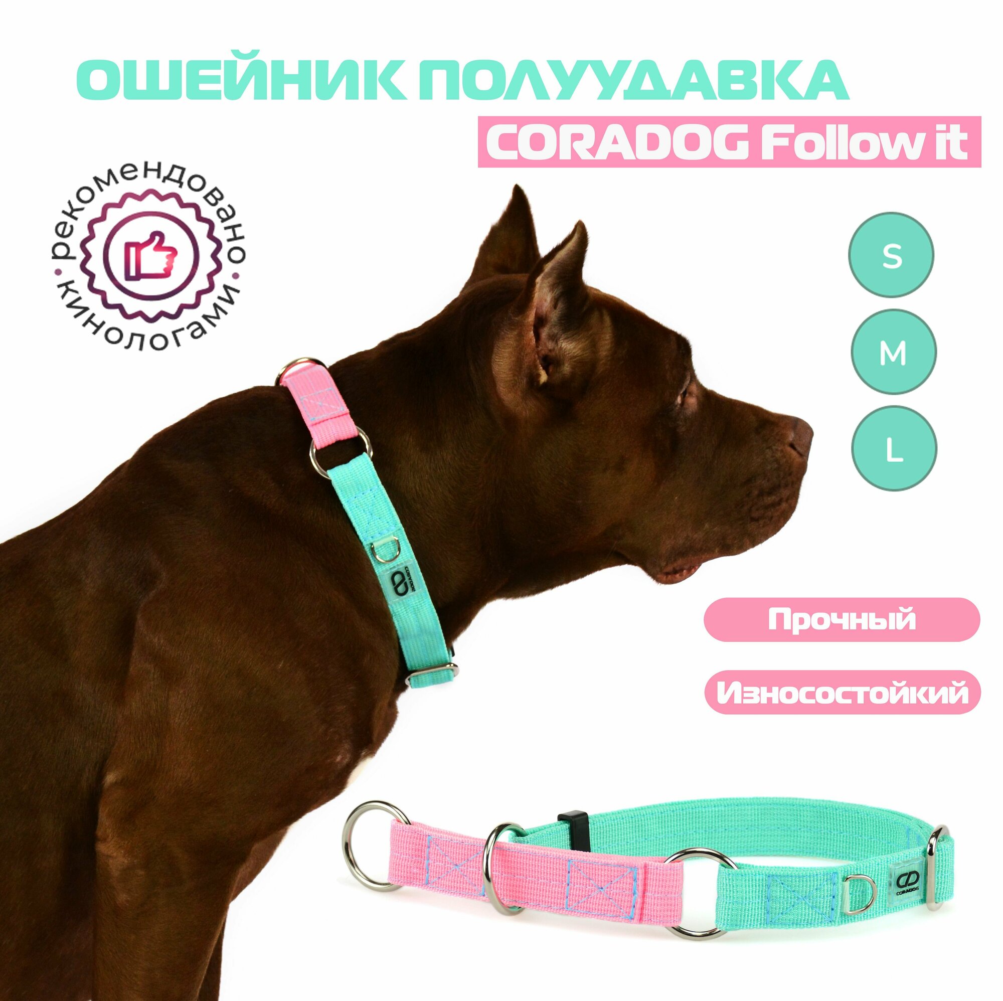 Ошейник-полуудавка, мартингейл, CORADOG Follow it, для средних и крупных собак, мятный розовый, размер L 42-65 см, ширина 2,5 см