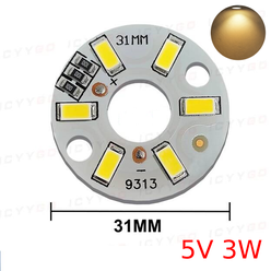 Алюминиевая круглая светодиодная плата (модуль) D31 5V 3W 6led smd 5730, белый теплый свет 3000K