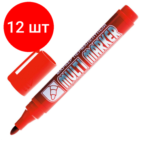 Комплект 12 штук, Маркер перманентный Crown Multi Marker 3-5 мм красный