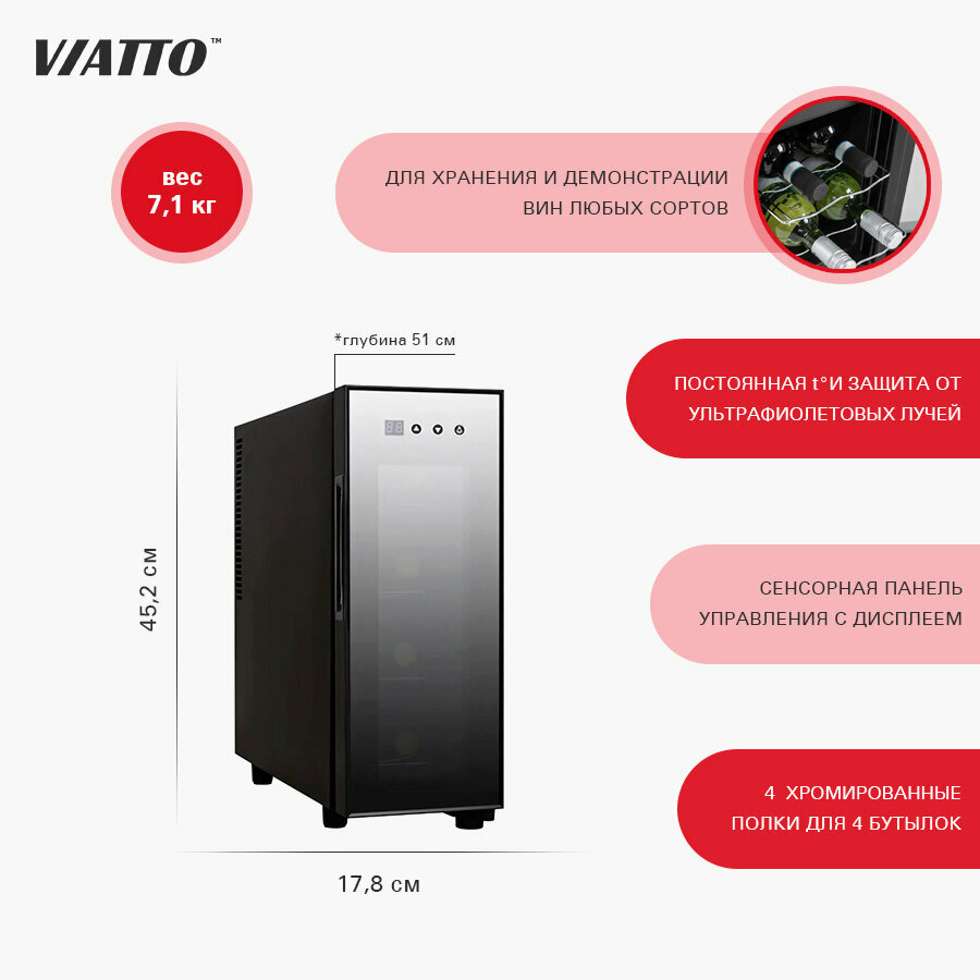 Винный холодильник Viatto VA-JC-12G на 4 бутылки Шкаф для вина Мини бар Холодильник для вина