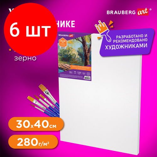 Комплект 6 шт, Холст на подрамнике BRAUBERG ART DEBUT, 30х40см, грунтованный, 100% хлопок, мелкое зерно, 191023 холст на подрамнике черный brauberg art classic 30х40см 380г м хлопок мелкое зерно 2 шт