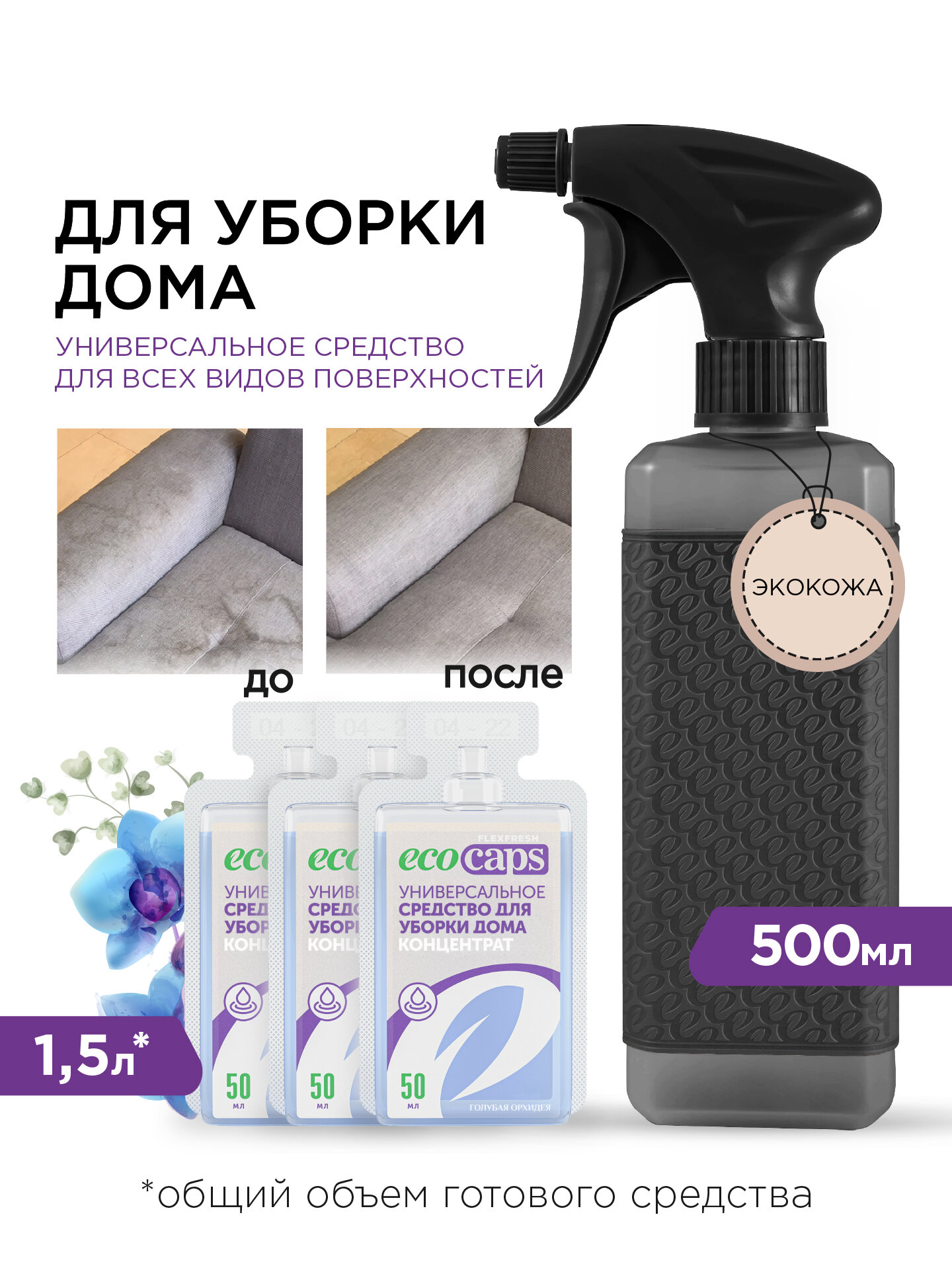 Универсальное средство для уборки дома EcoCaps (концентрат в капсулах) 3 шт + черный флакон 500 мл