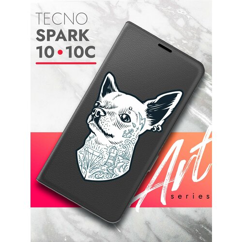 Чехол на Tecno Spark 10/ 10C (Техно Спарк 10/10С) черный книжка эко-кожа с функцией подставки и магнитами Book case, Brozo (принт) Собака с тату чехол на tecno spark 10 10c техно спарк 10 10с черный книжка эко кожа с функцией подставки и магнитами book case brozo принт корги в пончике