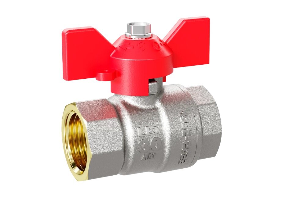 фото Кран шаровой латунный LD Pride 47.32. В-В. Б Ду 32 Ру 25 бабочка (red). арт. LD 47.300.32 R