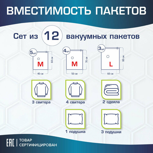 Вакуумные пакеты с клапаном для хранения вещей комплект 12 шт насос в комплекте LAIMA 608927 1354₽