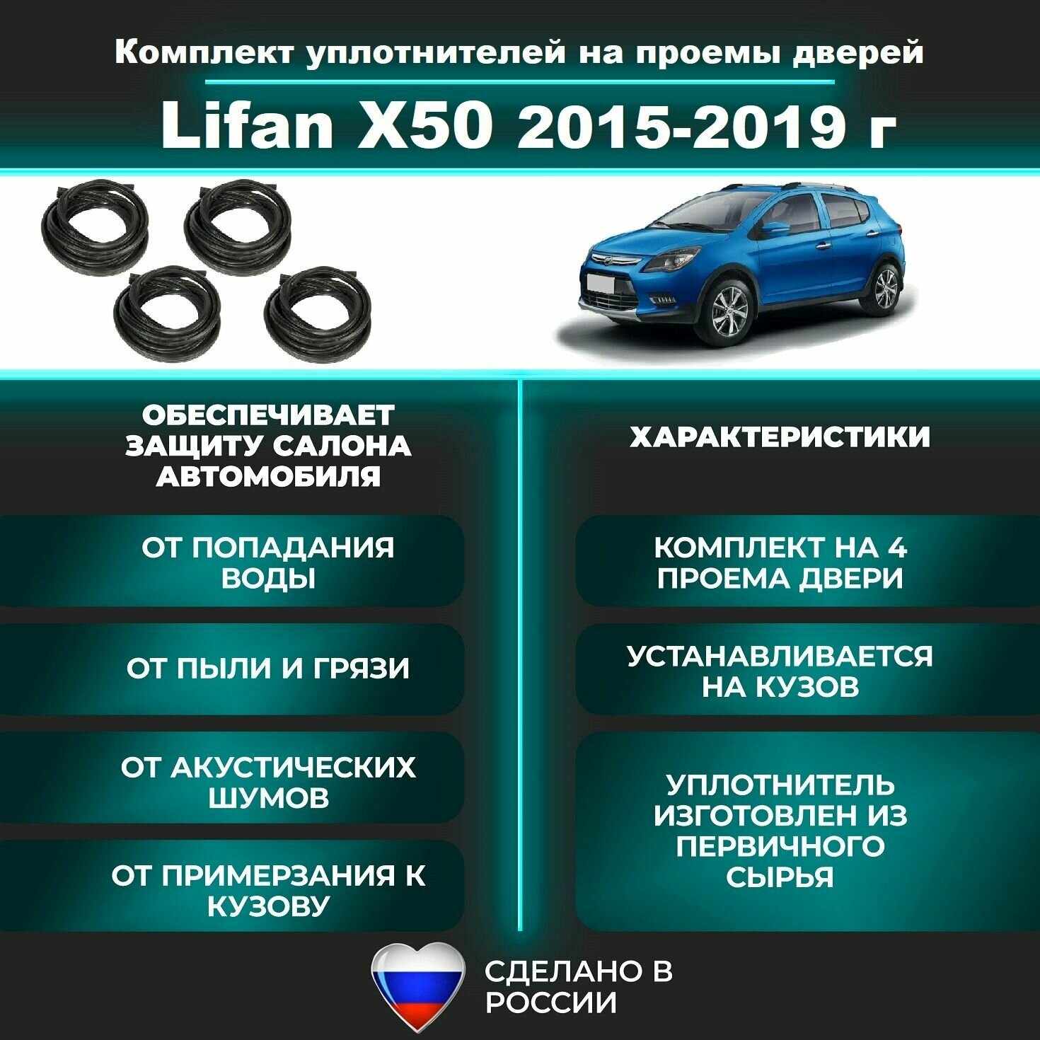 Комплект уплотнителей проемов дверей для Lifan X50 2015-2019 г Лифан х50 (на 4 дверных проема - 2 передних и 2 задних)