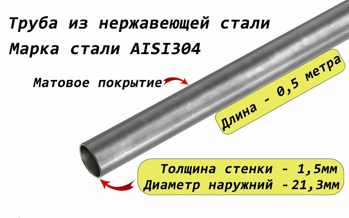 Труба круглая 21,3х1,5мм (1/2 дюйма) из нержавеющей стали AISI304 - 0,5 метра