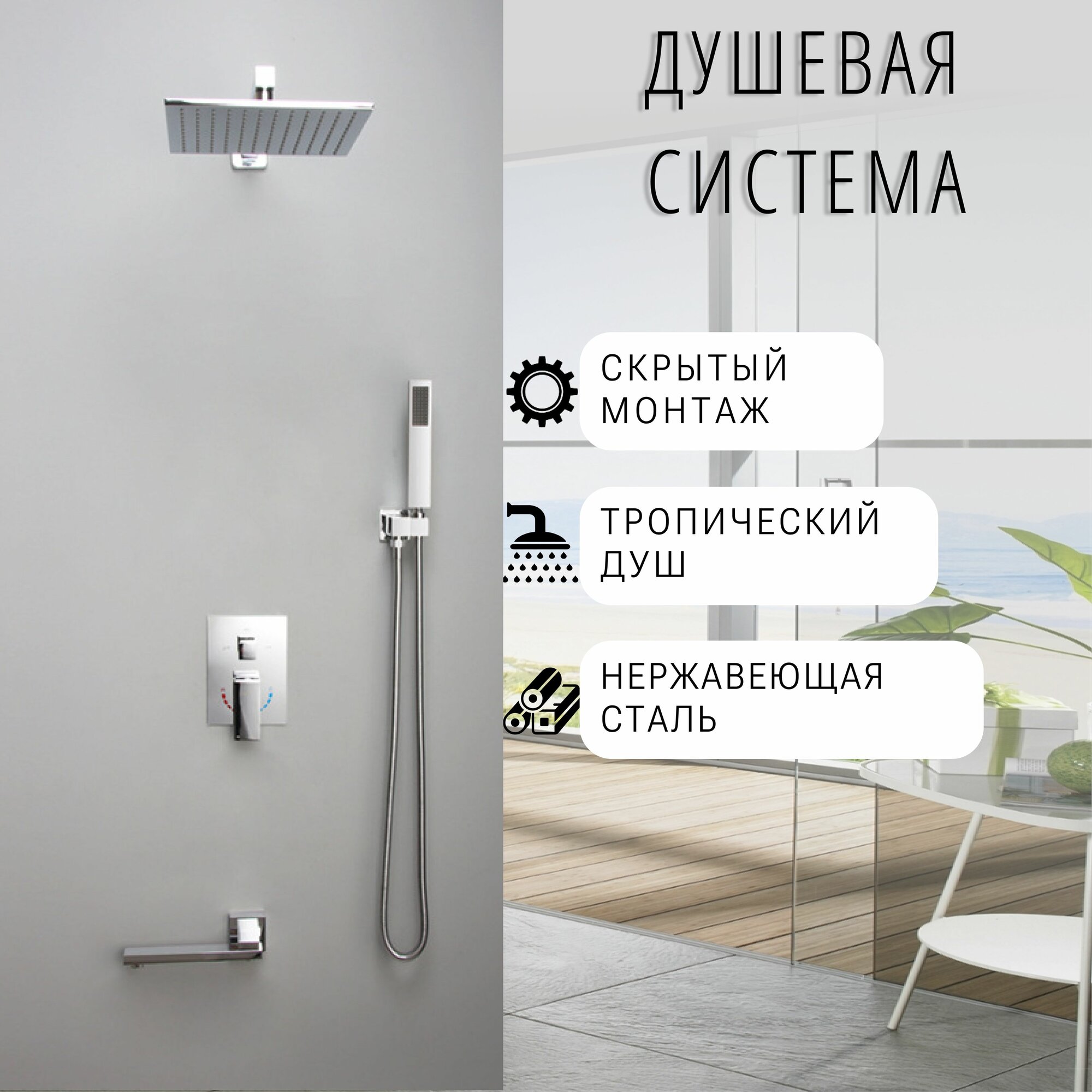 фото Душевая система скрытого монтажа встраиваемая с тропическим душем/душевой комплект/ душевой гарнитур