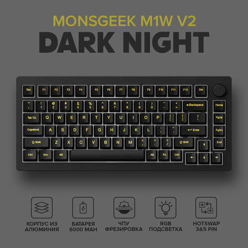 Беспроводная механическая клавиатура Monsgeek M1W V2 Dark Night, RGB, 75%, Bluetooth 5.0, 2.4Ghz, USB Type-C, Английская раскладка