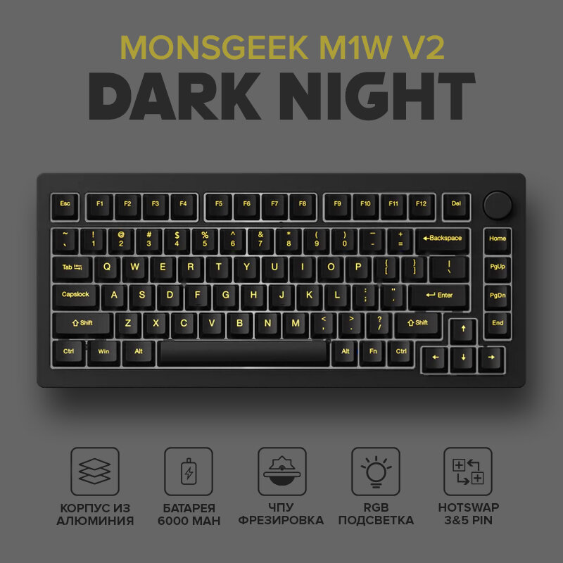 Беспроводная механическая клавиатура Monsgeek M1W V2 Dark Night, RGB, 75%, Bluetooth 5.0, 2.4Ghz, USB Type-C, Английская раскладка