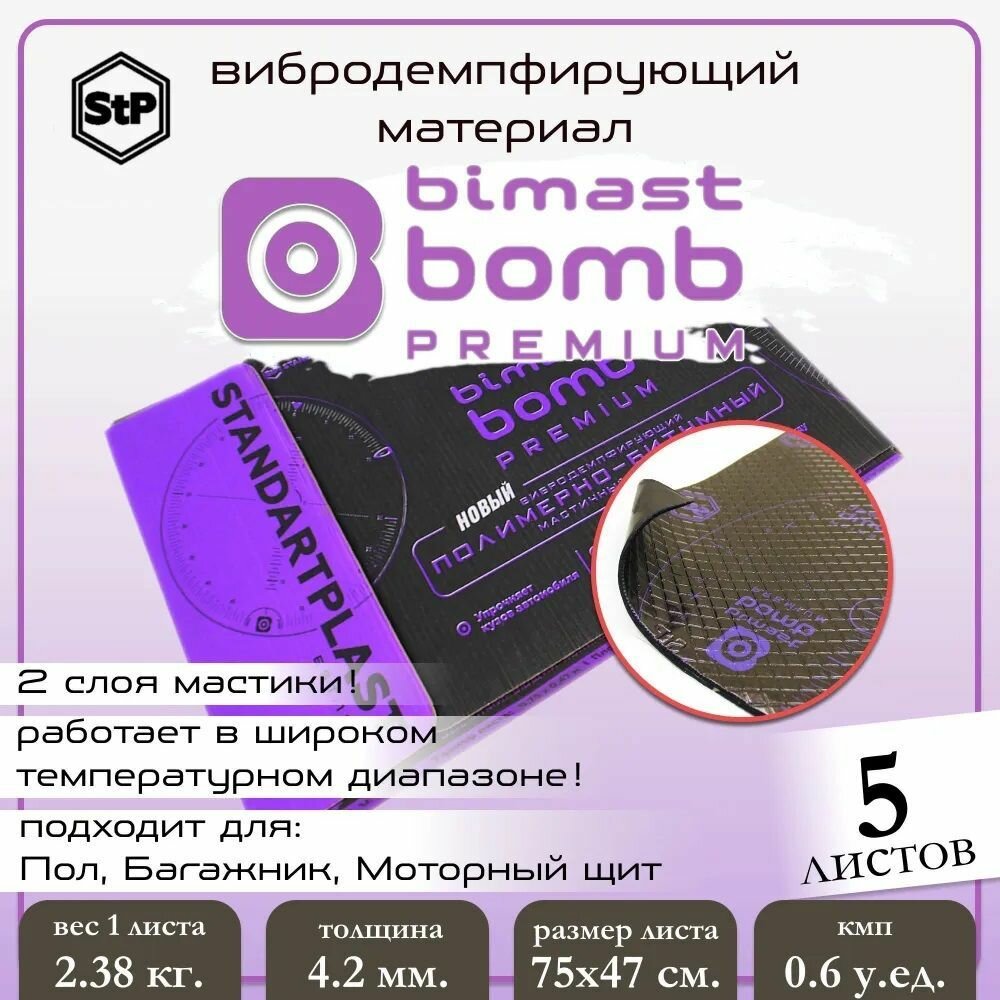 Шумоизоляция StP Bimast Bomb Premium 42мм (075х047 м) (5шт)/ Вибродемпфирующий материал Бимаст Бомб Премиум