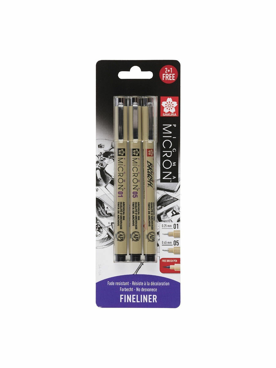 Набор линеров Pigma, капиллярные ручки 3 шт. (Micron 0,25 мм, 0,45 мм. + Brush), цвет чернил: черный