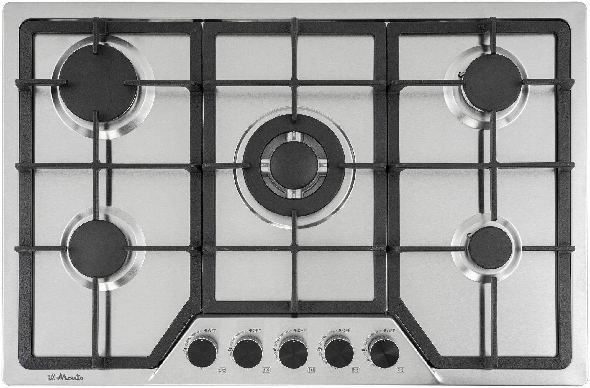 фото Варочная панель газовая, 75 см, 5 конфорок, Газ-контроль, Автоподжиг, Турбо-Конфорка WOK, Чугунные решетки, Нержавеющая сталь, il Monte BH-721-INOX