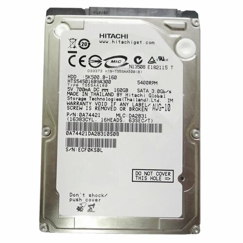 Жесткий диск Hitachi 0A74421 160Gb 5400 SATAII 2,5 HDD жесткий диск fujitsu ca07083 b026 g2 160gb 5400 sataii 2 5 hdd