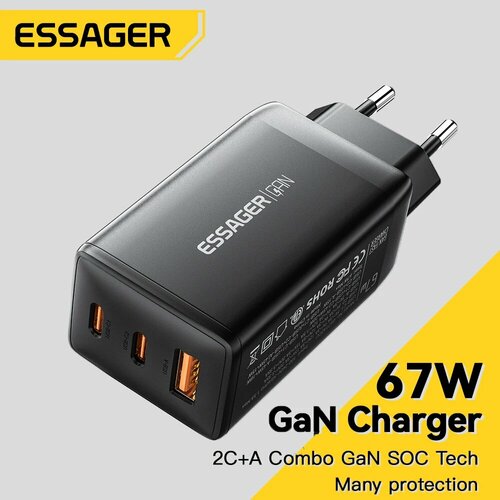 Мощное зарядное устройство Essager GaN X 67W, PD, PPS, QC4.0 многопортовый зарядный блок для ноутбуков, планшетов и смартфонов (USB-A + 2 USB Type-C)