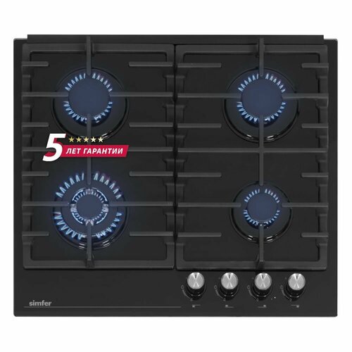 Газовая варочная панель Simfer 60см газ-контроль электроподжиг WOK конфорка закаленное стекло чугунные решетки комплект жиклеров для баллонного газа 5 лет гарантии черный 3307300₽