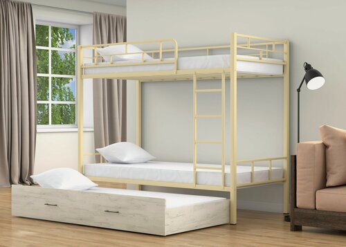 Изображение товара Трехъярусная кровать металлическая "Валенсия" выкатная Слоновая кость/дуб крафт белый