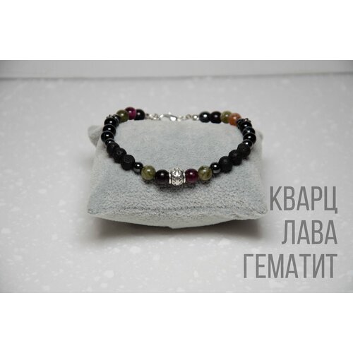 Браслет Из натуральных камней, кварц, агат, вулканическая лава, гематит, металл, 1 шт., размер 19 см, размер M, черный