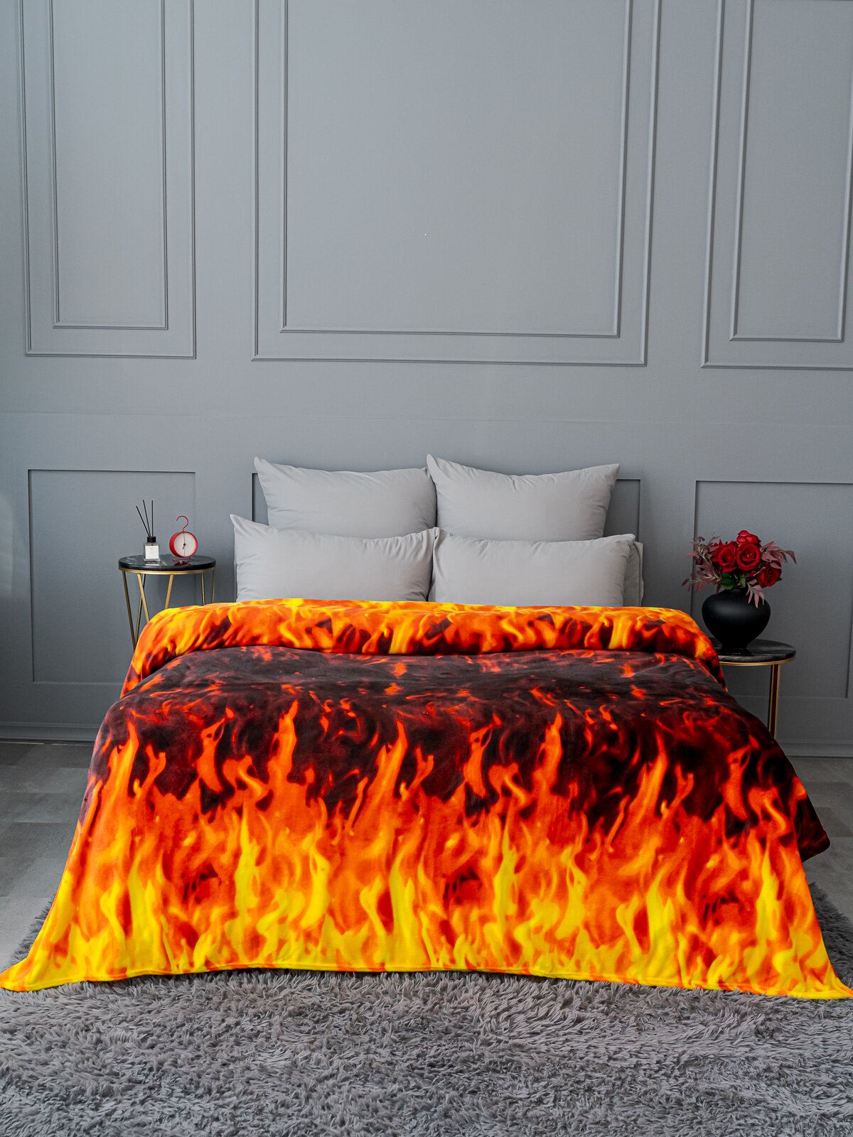 Плед 200х220 Павлина Огонь евро оранжевый на диван на кровать — фото 1