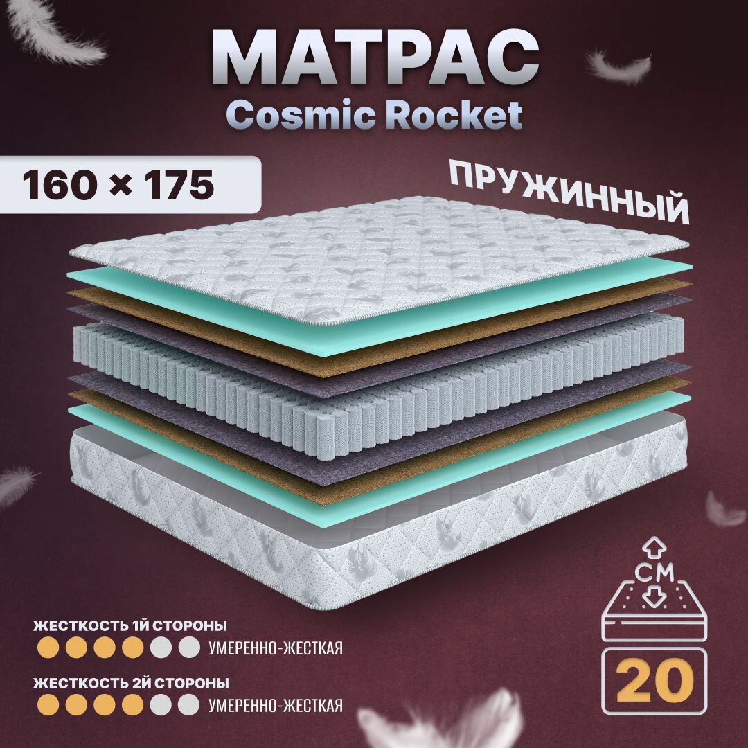 Матрас с независимыми пружинами 160х175, для кровати, Cosmic Rocket анатомический, 20 см, двуспальный, средней жесткости