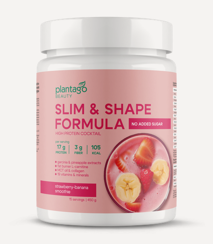 Изображение товара Протеиновый коктейль Plantago Beauty для похудения Slim&Shape Formula Клубнично-банановый смузи