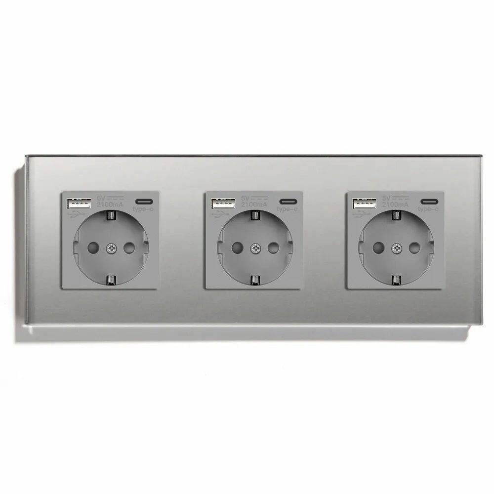 Розетка электрическая 3 поста, с Usb/Type-C АC, рамка 228х86мм стекло, цвет серый