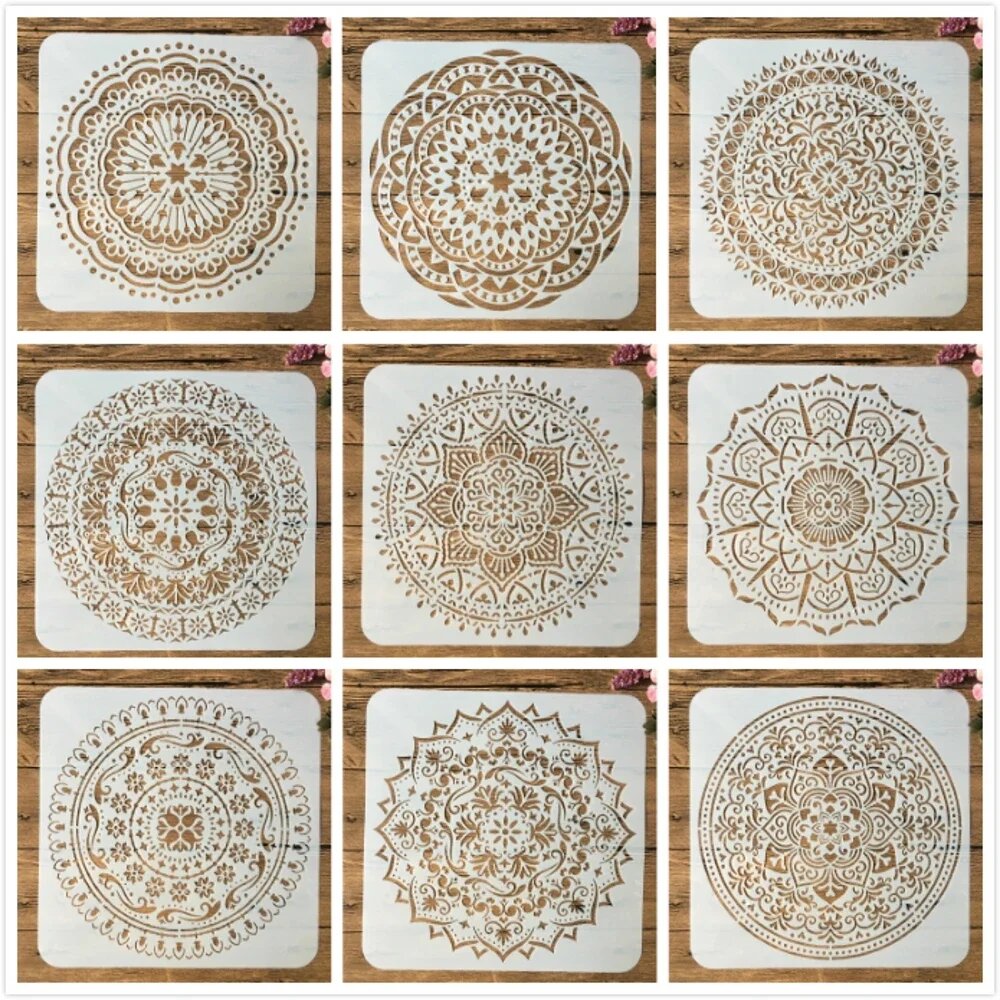 9 шт./упак. 15*15 см Мандала круглая геометрия DIY многослойные трафареты для рисования раскраска для скрапбукинга тиснение альбом декоративный шаблон, All 9Pcs