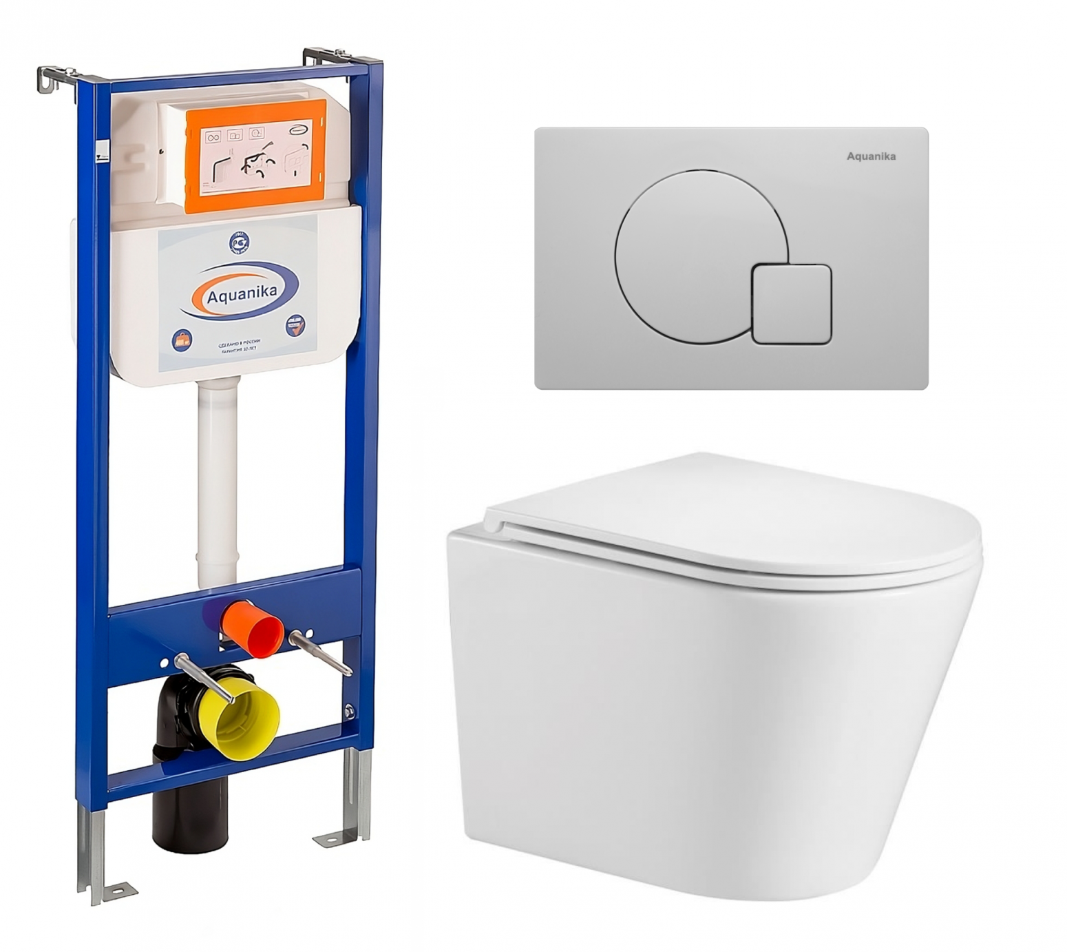 Комплект 3 в 1 инсталляция Enio Aquanika + Подвесной унитаз WeltWasser Salzbach 043 GL-WT + кнопка белая
