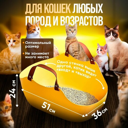 Большой лоток для кошек с высоким бортом. Лоток туалет для животных дизайнерский жёлтый с высоким бортом без лопатки в комплекте