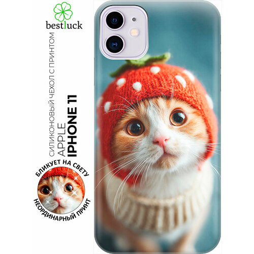 фото Силиконовый чехол на apple iphone 11 с принтом "котик в ягодном колпаке" bestluck