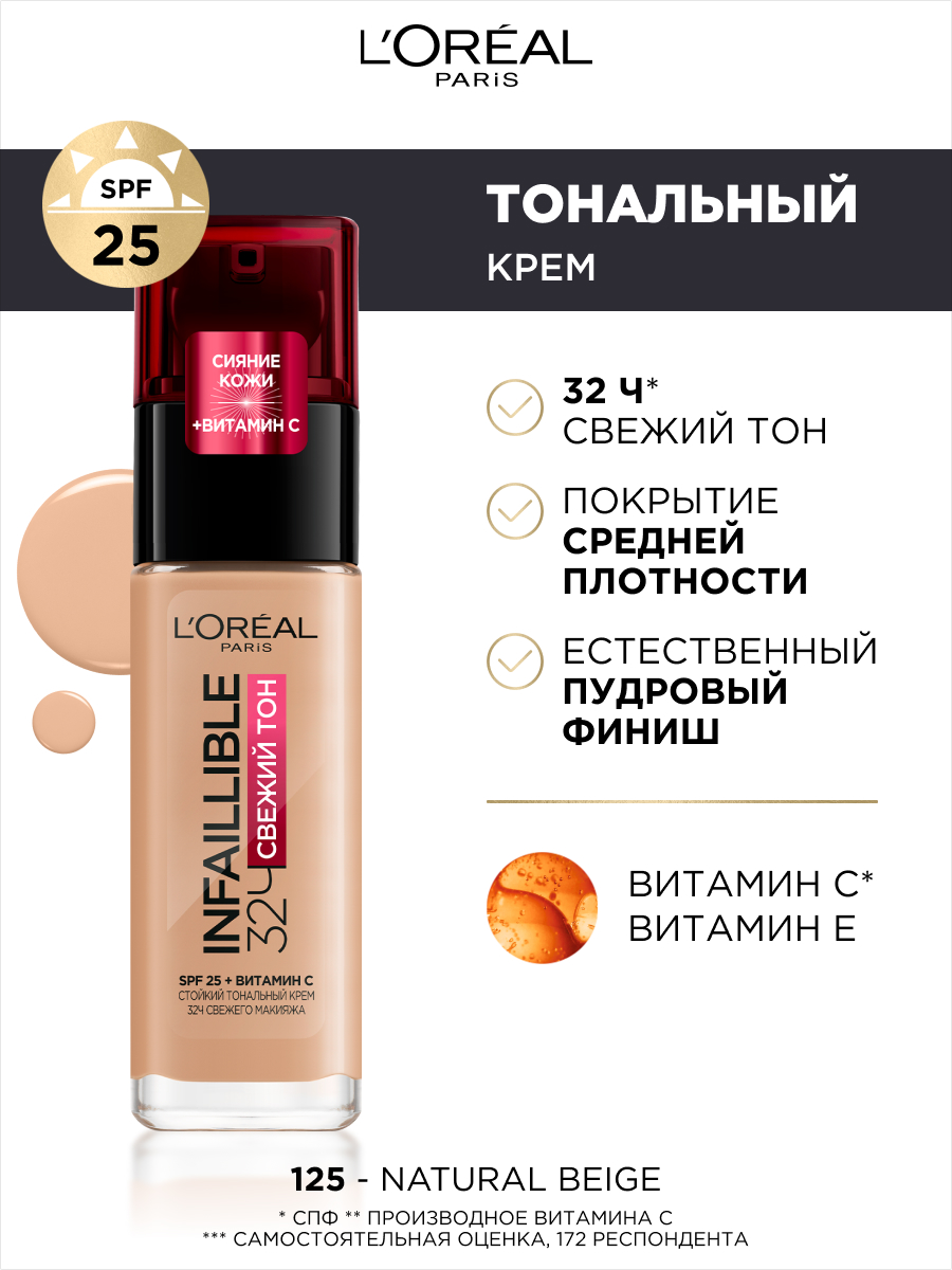 L'Oreal Paris, Стойкий тональный крем INFAILLIBLE СВЕЖИЙ ТОН с UV-защитой, оттенок 125, SPF 25, 30 мл