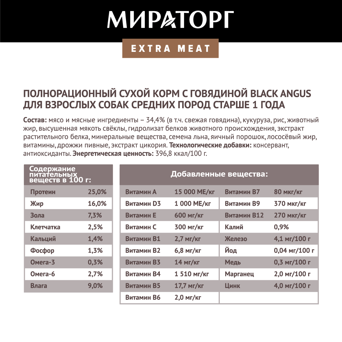 Сухой корм для собак Мираторг Extra Meat с мраморной говядиной Black Angus 1 уп. х 1 шт. х 2.6 кг (для средних и крупных пород)