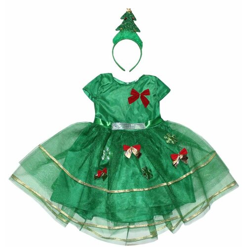 Карнавальный костюм детский Зеленая ёлочка с украшениями снежинка бант LU3211 InMyMagIntri 86-92см