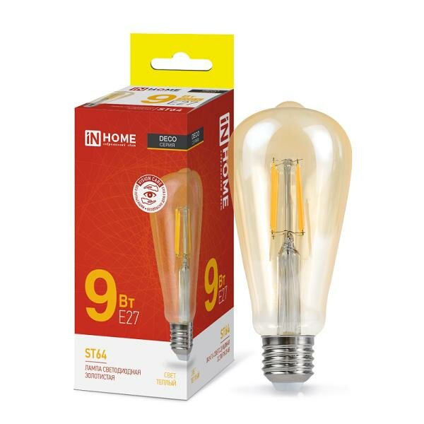 Лампа светодиодная IN HOME LED-ST64-deco gold 9 Вт Е27 3000К золотистая