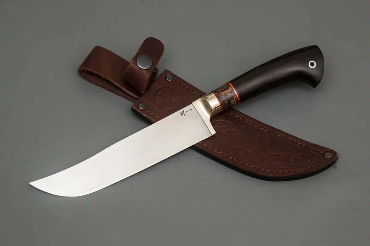 Нож "Узбекский Пчак", сталь VG-10, рукоять литье мельхиор, вставка стабилизированная карельская береза, черный граб