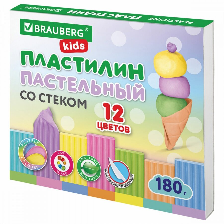 Пластилин 12 цветов Brauberg Kids, 180г, со стеком, пастельные цвета (106681)