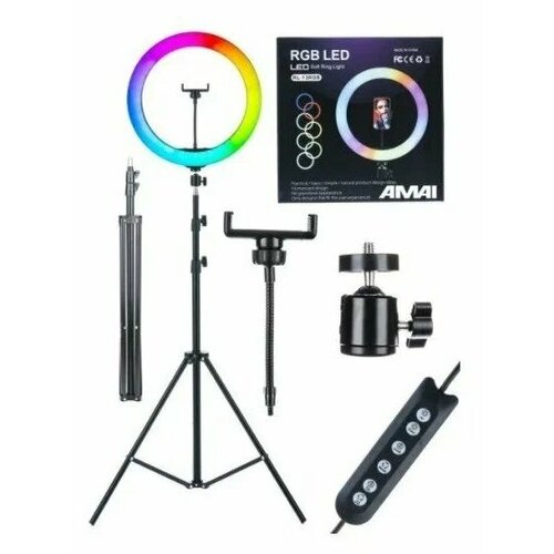 Кольцевая селфи лампа селфи лампа RL 13 RGB селфи лампа 33 см кольцевая лампа цветная для фото видео с держателем штатив 210см 1484₽