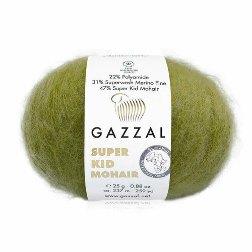 Пряжа SUPER KID MOHAIR (Gazzal), фисташка - 64422, 47% супер кидмохер, 31% тонк. мериносовая шерсть супервош, 22% полиамид, 6 мотков, 25 г, 237 м.