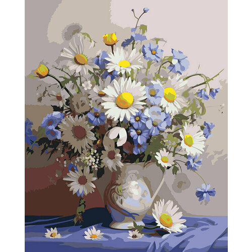 букет ромашек на голубом фоне цветы букет в вазе лето интерьерная раскраска картина по номерам на холсте 40х50 Картина по номерам Цветы Букет ромашек и лютиков 40х50