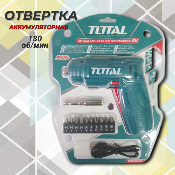 Аккумуляторная отвертка TOTAL TSDLI0402 блистер 4V 1/4" 4N. m 180/min с подсветкой